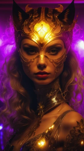 golden mask,gold mask,golden crown,masquerade,golden eyes,gold crown,firestar,sorceress,the enchantress,callisto,catwoman,scarlet witch,fantasy portrait,gold and purple,feline look,queen of the night,priestess,gold leaf,gold eyes,feline,Photography,General,Realistic