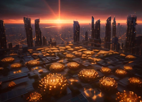 terraforming,solar cell base,metropolis,futuristic landscape,spacescraft,ancient city,fantasy city,apiarium,fractal environment,destroyed city,planet alien sky,fractal lights,sky space concept,alien planet,fire planet,the hive,tileable,desert planet,alien world,spheres