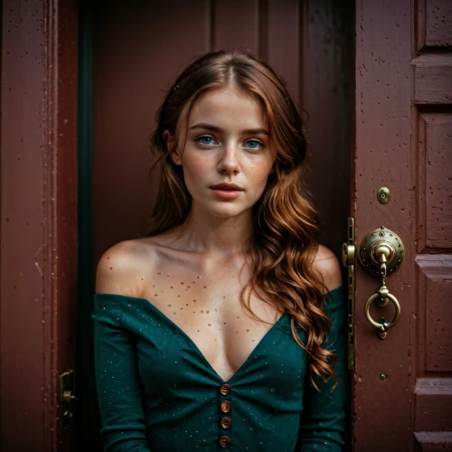 green dress,in green,irish,velvet elke,ivy,young woman,in the door,girl in a long dress,tudor,redhead doll,emerald,enchanting,victorian lady,young lady,elegant,pretty young woman,rusty door,necklace,poison ivy,steampunk