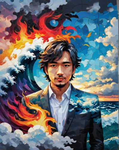 poseidon,sea god,man at the sea,japanese wave,god of the sea,kojima,shirakami-sanchi,japanese waves,skyflower,sea,world digital painting,poseidon god face,portrait background,artist color,cg artwork,phoenix,ocean,fire artist,the wind from the sea,dragon li,Conceptual Art,Oil color,Oil Color 09