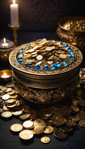 pirate treasure,bahraini gold,golden candlestick,gold ornaments,coins,moroccan currency,constellation pyxis,gold jewelry,zoroastrian novruz,eight treasures,coins stacks,persian norooz,treasure chest,gold is money,decorative plate,tealight,centrepiece,treasures,trinkets,gold bullion,Photography,General,Realistic