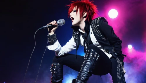 axel jump,meteoroid,rocker,screw,microphone stand,hide,red-haired,shouta,rockstar,screamer,spikes,red hair,jacket,singing,marionette,revolver,performing,vocal,lucifer,vest,Conceptual Art,Sci-Fi,Sci-Fi 11