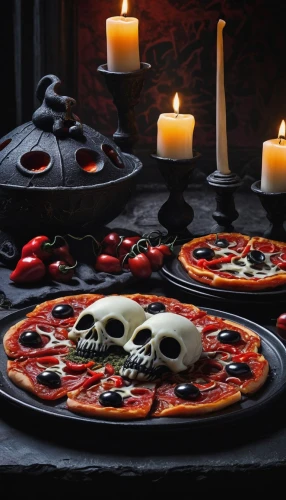 dark mood food,stone oven pizza,pizza stone,halloween decor,witches pentagram,sacrificial candles,halloween travel trailer,day of the dead skeleton,pan pizza,halloween pumpkin gifts,dinner tray,food styling,skulls and,tabletop photography,candlestick for three candles,vanitas,candle holder,tealight,order pizza,pizza service,Conceptual Art,Graffiti Art,Graffiti Art 12