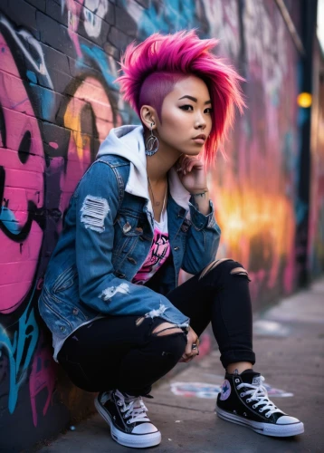 punk,pink hair,mohawk,punk design,grunge,denim jacket,graffiti,jean jacket,pompadour,pink background,concrete chick,toni,lis,tattoo girl,mohawk hairstyle,nora,street fashion,greta oto,colorful background,concrete background,Illustration,Black and White,Black and White 08