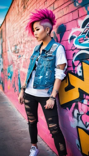 punk,pink hair,street fashion,punk design,pink background,grunge,concrete chick,girl in overalls,brick wall background,lis,colorful background,mohawk,graffiti,fashionista,hip rose,rockabella,anime japanese clothing,fashionable girl,bandana background,2d,Illustration,Vector,Vector 21