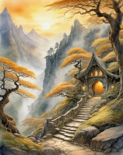 fantasy landscape,fantasy picture,witch's house,fantasy art,jrr tolkien,mountain settlement,home landscape,hobbit,druid grove,fairy house,cartoon video game background,hobbiton,fairy village,the threshold of the house,elven forest,the mystical path,3d fantasy,devilwood,fairy tale castle,northrend,Illustration,Paper based,Paper Based 08