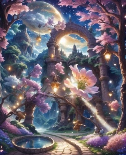 fairy world,fantasy landscape,fairy forest,fantasy picture,fairy galaxy,fairy village,japanese sakura background,enchanted forest,fairytale forest,forest of dreams,children's background,elven forest,fantasy art,background images,3d fantasy,fae,landscape background,magic tree,dream world,fantasy world