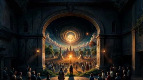 pentecost,hall of the fallen,church painting,the pillar of light,contemporary witnesses,portal,freemasonry,twelve apostle,the annunciation,eucharist,ascension,sacred art,stargate,procession,fantasy picture,choral,heaven gate,place of pilgrimage,nativity of christ,background image