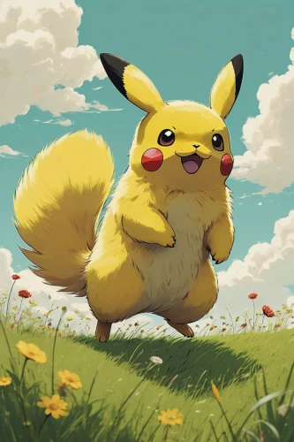 pika,pikachu,pokemon,pokémon,pixaba,pokemon go,knuffig,yellow grass,springtime background,flying dandelions,spring background,dandelion field,hop,on the grass,pet,digital painting,pokemongo,grass blossom,flower animal,grass,Illustration,Japanese style,Japanese Style 08