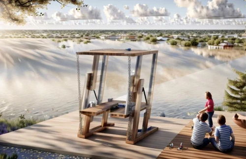 lifeguard tower,cube stilt houses,beach furniture,observation tower,water feature,stilt house,water well,bench by the sea,island suspended,sky space concept,will free enclosure,coastal protection,jet d'eau,water cube,wishing well,outdoor table,island poel,observation deck,artificial island,3d rendering