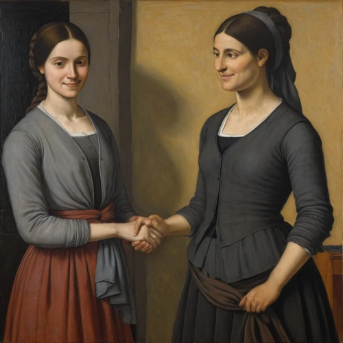 two girls,young women,young couple,women's clothing,gothic portrait,courtship,portrait of a girl,the girl's face,nuns,la violetta,the magdalene,folded hands,young woman,conversation,girl with cloth,woman holding pie,bellini,holding a frame,sisters,portrait of a woman,Art,Classical Oil Painting,Classical Oil Painting 03