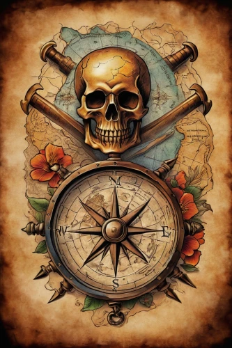 ships wheel,compass rose,ship's wheel,pirate treasure,bearing compass,compass,jolly roger,treasure map,skull rowing,wind rose,pirate,skull and crossbones,pirates,compass direction,east indiaman,skull and cross bones,pirate ship,nautical banner,pirate flag,key-hole captain,Illustration,Retro,Retro 02