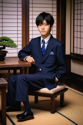 navy suit,kojima,jin deui,kaiseki,saji,sitting on a chair,yukio,sanshin,sensei,nori,bonsai,business man,businessman,tea zen,zen master,yuzu,japanese style,sales man,taichi,ceo,Illustration,Retro,Retro 14