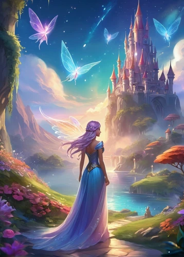 fantasia,fantasy picture,rapunzel,fairy world,mermaid background,fantasy landscape,3d fantasy,cg artwork,fantasy world,fantasy art,cinderella,la violetta,fairy tale,a fairy tale,fairy tale character,enchanted,dream world,vanessa (butterfly),purple landscape,fairy tale castle,Illustration,Realistic Fantasy,Realistic Fantasy 01