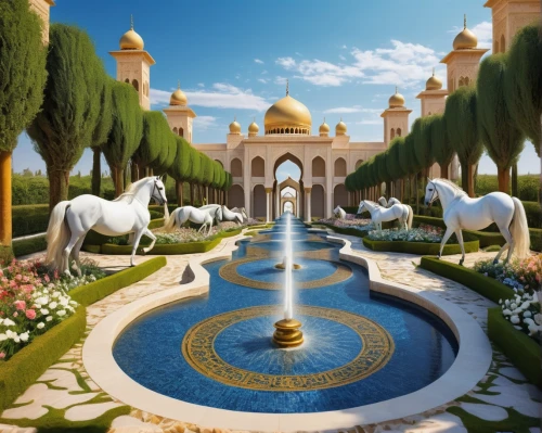 arabian horses,marble palace,white temple,water palace,arabic background,elephantine,lily of the nile,sheikh zayed grand mosque,house of allah,world digital painting,fountain of friendship of peoples,fantasy picture,palace garden,decorative fountains,fantasy world,garden of the fountain,bird kingdom,quasr al-kharana,forbidden palace,grand mosque,Conceptual Art,Fantasy,Fantasy 03