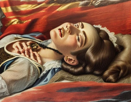 woman on bed,girl with dog,vintage art,david bates,the sleeping rose,vintage illustration,girl in bed,oil on canvas,franz winterhalter,unconscious,1940 women,sleeping,oil painting on canvas,vintage cats,woman laying down,shih tzu,girl lying on the grass,vintage cat,ferret,oil painting
