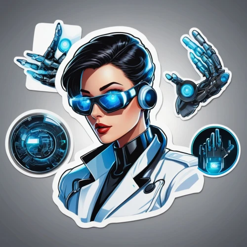 cyber glasses,bot icon,robot icon,vector girl,vector illustration,spy-glass,lady medic,vector graphic,steam icon,symetra,handshake icon,twitch icon,spy,computer icon,vector art,vector design,medic,cancer icon,medicine icon,growth icon,Unique,Design,Sticker