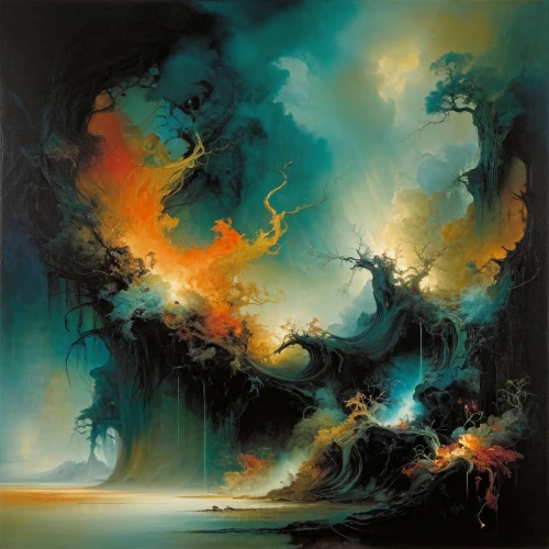 maelstrom,eruption,volcanic landscape,volcanic,abstract artwork,fantasia,fantasy art,the eruption,turmoil,ervin hervé-lóránth,volcano,poseidon,horn of amaltheia,descend,tidal wave,abstract painting,fantasy landscape,zao,lava,flotsam and jetsam