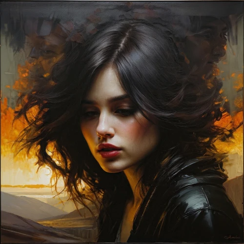 mystical portrait of a girl,romantic portrait,girl portrait,oil painting on canvas,fantasy portrait,oil painting,young woman,portrait of a girl,burning hair,fineart,woman portrait,art painting,italian painter,artist portrait,selanee henderon,fantasy art,han thom,artistic portrait,cloves schwindl inge,fire artist