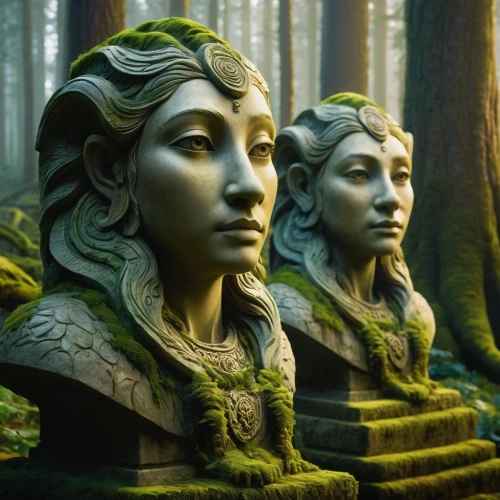 garden statues,mother earth statue,stone statues,statues,elven forest,the sculptures,druids,sculptures,3d fantasy,wooden figures,green forest,elves,stone figures,statuary,forest of dreams,wood carving,enchanted forest,the forests,garden sculpture,guards of the canyon,Art,Classical Oil Painting,Classical Oil Painting 27