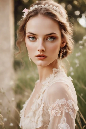 bridal jewelry,bridal clothing,romantic look,jessamine,bridal,jane austen,bridal accessory,beautiful girl with flowers,wedding dresses,enchanting,bridal dress,victorian lady,pale,vintage makeup,romantic portrait,natural cosmetic,blonde in wedding dress,fae,faery,cinderella,Photography,Natural