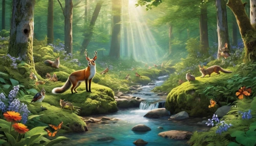 forest animals,woodland animals,cartoon forest,fairy forest,deer illustration,fantasy picture,forest background,forest animal,elven forest,enchanted forest,fairytale forest,cartoon video game background,riparian forest,fawns,forest of dreams,forest glade,deers,children's background,fairy world,whimsical animals,Photography,General,Realistic