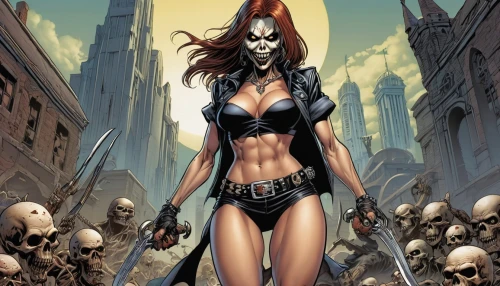 huntress,crossbones,female warrior,dance of death,black widow,darth talon,scull,warrior woman,voodoo woman,maiden,skull bones,days of the dead,death angel,raider,swordswoman,clary,hard woman,skull and crossbones,dark elf,heroic fantasy,Illustration,American Style,American Style 04