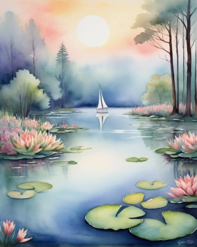 lily pond,watercolor background,pond flower,flower painting,lotus on pond,lotus pond,white water lilies,water lilies,lilly pond,landscape background,waterlily,boat landscape,water lilly,water lotus,water lily,river landscape,springtime background,lily water,flower water,garden pond,Art,Artistic Painting,Artistic Painting 21
