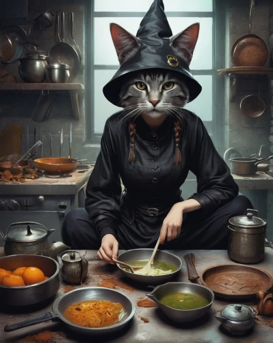 caterer,girl in the kitchen,cookery,chef,dwarf cookin,cooking book cover,food and cooking,celebration of witches,étouffée,witches,pumpkin soup,halloween cat,the witch,cauldron,cooking ingredients,dark mood food,waiting staff,culinary art,witch's hat,candy cauldron,Illustration,Realistic Fantasy,Realistic Fantasy 07