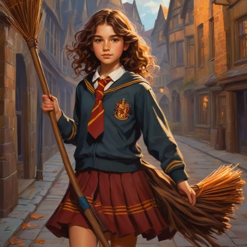 broomstick,school uniform,rowan,hogwarts,broom,schoolgirl,school skirt,potter,school clothes,witch broom,harry potter,girl in a historic way,brooms,street cleaning,private school,sweeping,bunches of rowan,clove,world digital painting,wand,Conceptual Art,Fantasy,Fantasy 18