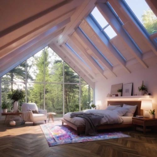 attic,wooden beams,loft,scandinavian style,3d rendering,modern room,folding roof,livingroom,daylighting,inverted cottage,home interior,great room,beautiful home,smart home,skylight,glass roof,wooden roof,living room,frame house,interior design