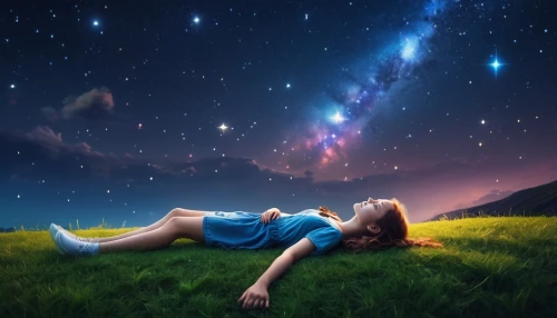 stargazing,girl lying on the grass,starry sky,dreaming,the night sky,falling star,night stars,astronomy,falling stars,astronomer,star sky,night sky,colorful stars,fantasy picture,dream world,photo manipulation,starfield,rainbow and stars,dreamland,nightsky,Photography,General,Realistic