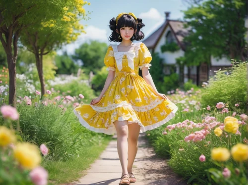 yellow garden,anime japanese clothing,country dress,doll dress,japanese kawaii,yuzu,girl in flowers,yellow color,japanese idol,yellow,springtime background,yellow flower,yellow bell,a girl in a dress,spring background,dress doll,summer flower,yellow petal,hanbok,flower fairy,Illustration,Paper based,Paper Based 28