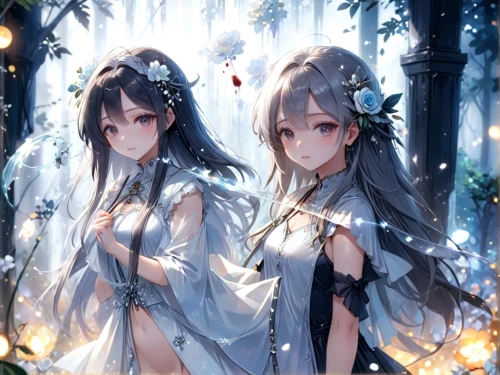 christmas angels,fairies,silver wedding,white butterflies,snow trees,cluster-lilies,white flowers,winter background,christmas snowy background,lilies of the valley,bridal veil,winter festival,lilies,white blossom,two girls,angel and devil,summer snowflake,twin flowers,cold cherry blossoms,holding flowers,Anime,Anime,Traditional