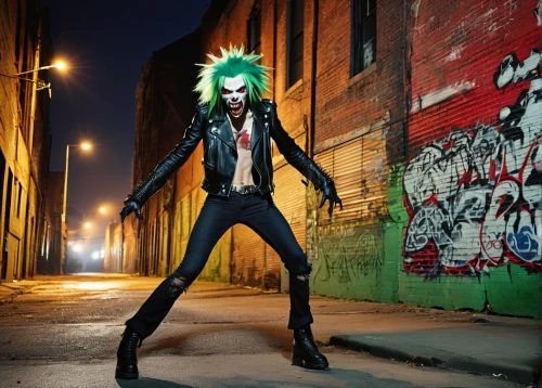 streampunk,cosplay image,punk design,vocaloid,2d,noodle image,alleyway,nerve,alley cat,rocker,green goblin,axel jump,cosplayer,green skin,punk,screw,meteoroid,alley,green snake,cosplay,Illustration,Retro,Retro 06