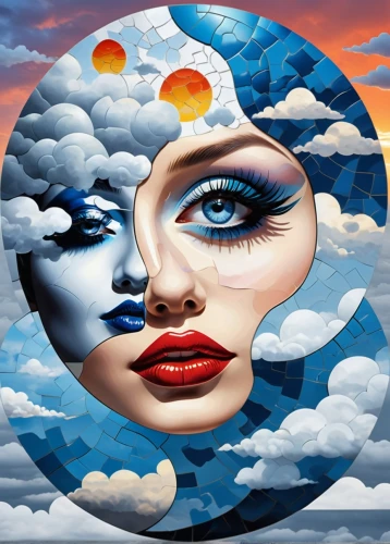 surrealistic,psychedelic art,surrealism,parallel worlds,oil painting on canvas,blue moon rose,cosmic eye,skywatch,fractals art,mother earth,crystal ball,northern hemisphere,glass painting,morning illusion,fantasy art,third eye,heliosphere,art painting,mirror of souls,woman thinking,Conceptual Art,Oil color,Oil Color 14