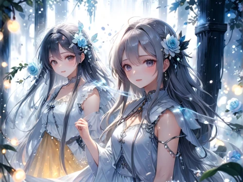 christmas angels,fairies,silver wedding,white butterflies,angels,bridal veil,snow trees,vintage fairies,winter background,lilies of the valley,two girls,white blossom,white winter dress,fairy forest,white flowers,forest background,sisters,christmas snowy background,angel and devil,elves,Anime,Anime,Traditional