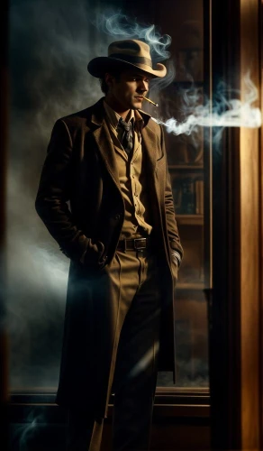 al capone,deadwood,detective,rorschach,gunfighter,smoking man,film noir,mafia,private investigator,man holding gun and light,spy-glass,holmes,smooth criminal,pipe smoking,indiana jones,mobster,digital compositing,sherlock holmes,fedora,overcoat