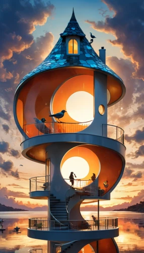 lifeguard tower,floating island,house of the sea,seaside resort,tree house hotel,spiral staircase,tree house,observation tower,futuristic architecture,house by the water,japanese architecture,houseboat,stilt houses,treehouse,stilt house,over water bungalow,island suspended,beachhouse,sky apartment,bird tower,Illustration,Abstract Fantasy,Abstract Fantasy 13