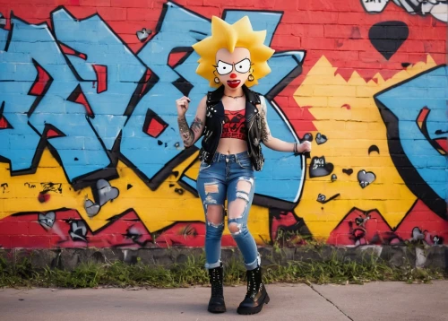 bart,punk,graffiti,homer simpsons,toni,harley quinn,grunge,yellow brick wall,harley,grafitti,cosplay image,jeans background,high jeans,punk design,streampunk,denims,cosplay,mohawk,catrina,rockabella,Conceptual Art,Oil color,Oil Color 14