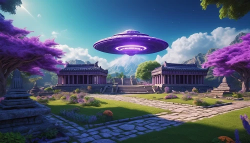 artemis temple,ufo,apiarium,cosmos field,ufos,alien world,planet alien sky,auqarium,ufo interior,sky space concept,alien planet,purple landscape,mausoleum ruins,3d render,ancient city,veil purple,extraterrestrial,necropolis,space port,purple rizantém,Photography,General,Realistic