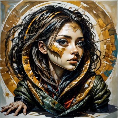 fantasy portrait,mystical portrait of a girl,oil painting on canvas,girl with a wheel,artemisia,seven sorrows,mary-gold,girl in a wreath,girl portrait,fantasy art,jaya,oil painting,warrior woman,painting technique,art painting,tears bronze,girl with bread-and-butter,boho art,shaman,street artist