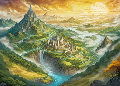 mountain settlement,fantasy landscape,mountain village,mountain world,ancient city,northrend,mountain landscape,aurora village,fantasy picture,island of fyn,knight's castle,the landscape of the mountains,the valley of the,mountainous landscape,world digital painting,knight village,5 dragon peak,high mountains,peter-pavel's fortress,mountain valley,Illustration,Japanese style,Japanese Style 04