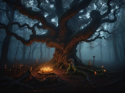 enchanted forest,haunted forest,magic tree,elven forest,fairy forest,the roots of trees,fantasy picture,fairytale forest,forest tree,druid grove,devilwood,burning tree trunk,witch's house,celtic tree,forest dark,fantasy art,fantasy landscape,black forest,holy forest,old-growth forest,Illustration,Realistic Fantasy,Realistic Fantasy 22