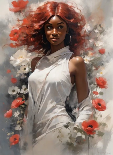 rosa ' amber cover,rose white and red,flower girl,widow flower,petals,girl in flowers,flower of passion,girl in a wreath,african american woman,red petals,wreath of flowers,flower painting,fantasy portrait,red roses,red poppies,red rose,black woman,flower art,flora,remembrance day