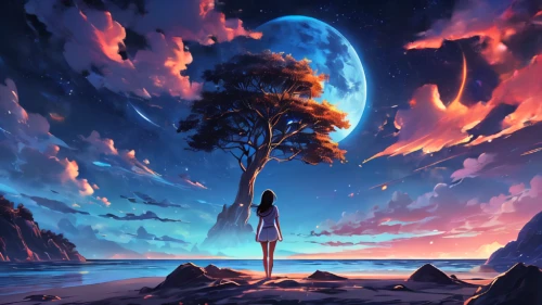 fantasy picture,earth rise,mother earth,lone tree,fantasy landscape,dream world,the girl next to the tree,girl with tree,astral traveler,sky,hanging moon,tree of life,magic tree,fantasy art,other world,the earth,blue planet,planet,dreamland,earth,Conceptual Art,Daily,Daily 24