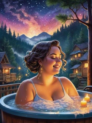 hot tub,jacuzzi,hot spring,the girl in the bathtub,bathtub,tub,spa,bath,taking a bath,water bath,bathing,moana,thermal bath,bath with milk,sauna,milk bath,day spa,summer floatation,day-spa,spa town,Illustration,Paper based,Paper Based 29