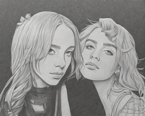 gothic portrait,two girls,vintage drawing,kimjongilia,pop art people,gemini,popart,young couple,graphite,duo,pencil drawing,girlfriends,metric,hand-drawn illustration,sisters,girl-in-pop-art,joint dolls,pencil frame,modern pop art,bad girls,Art sketch,Art sketch,None