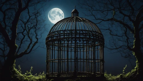 bird cage,birdcage,cage bird,witch house,nocturnal bird,witch's house,cage,night bird,tree house,moonlit night,unfenced,ghost castle,treehouse,bird home,gazebo,fence gate,pigeon house,haunted castle,lostplace,queen cage,Illustration,Abstract Fantasy,Abstract Fantasy 05