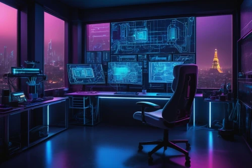computer room,cyberpunk,the server room,cyber,cyberspace,modern office,computer workstation,aesthetic,study room,computer desk,working space,workspace,sci fi surgery room,computer,desk,night administrator,purple wallpaper,laboratory,computer art,desktop,Art,Artistic Painting,Artistic Painting 05